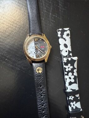 Fossil Gold-Tone Watch with Black Leather Strap and Black-and-White Floral Band